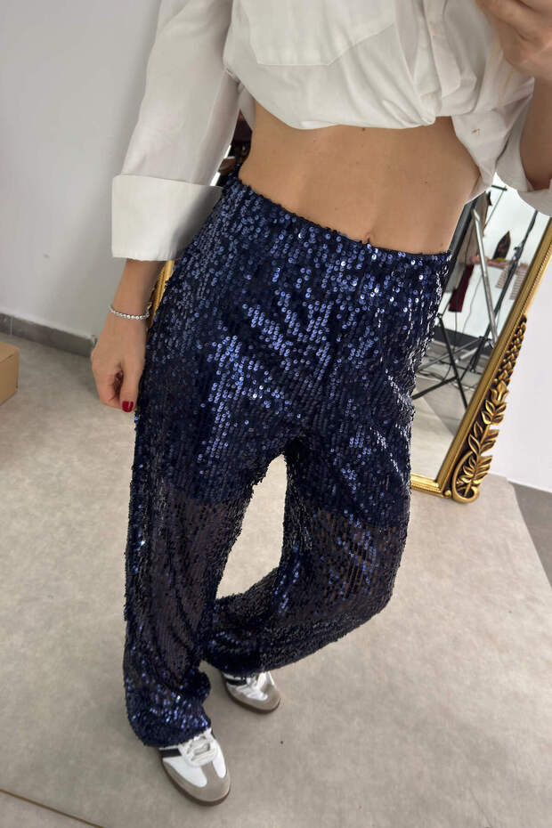 Lacivert Pullu Payetli Pantolon - 1