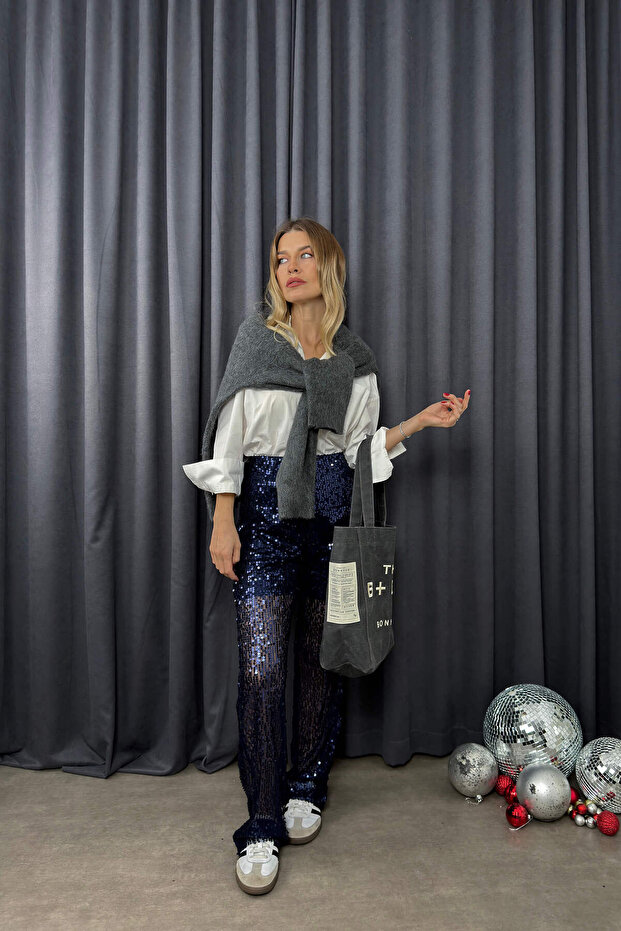 Lacivert Pullu Payetli Pantolon - 5