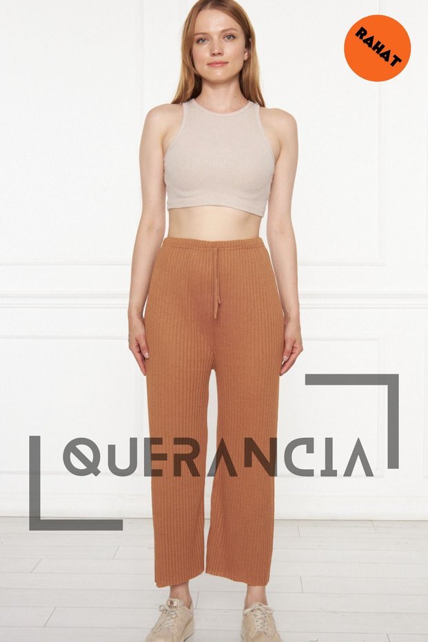 Women's Camel Comfortable Ribbed Trousers