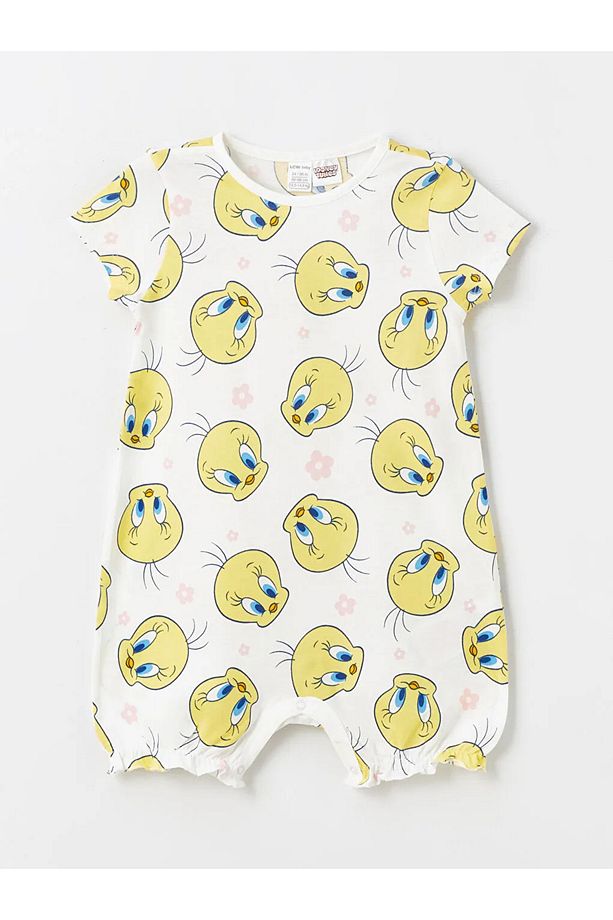 LCW baby Ekru Bisiklet Yaka Tweety Baskılı Kız Bebek Tulum - 1