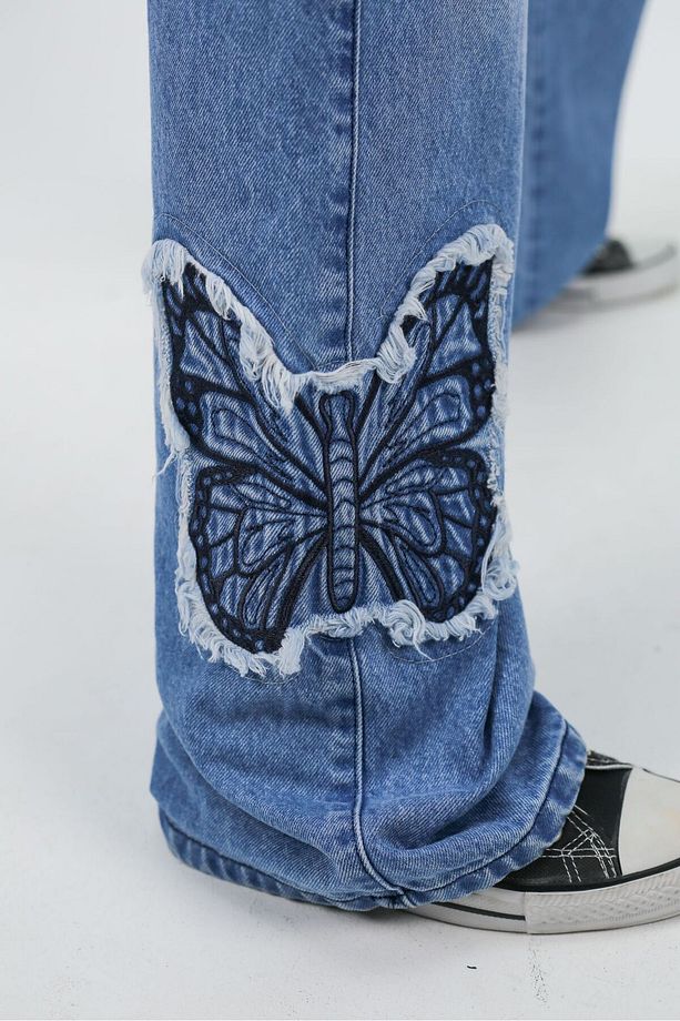 Y2k Kar Yıkamalı Butterfly Desenli Baggy Pantolon - 4