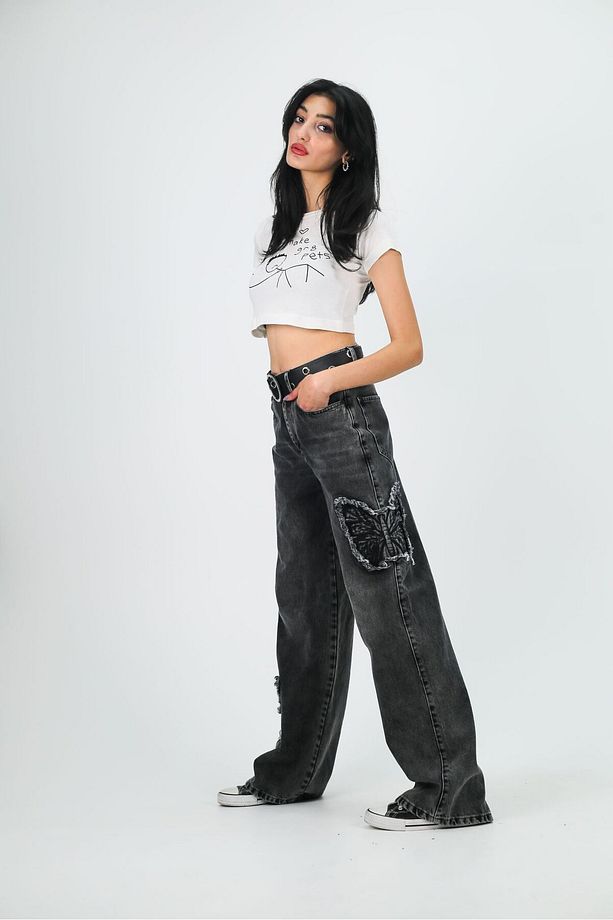 Y2k Kar Yıkamalı Butterfly Desenli Baggy Pantolon - 6