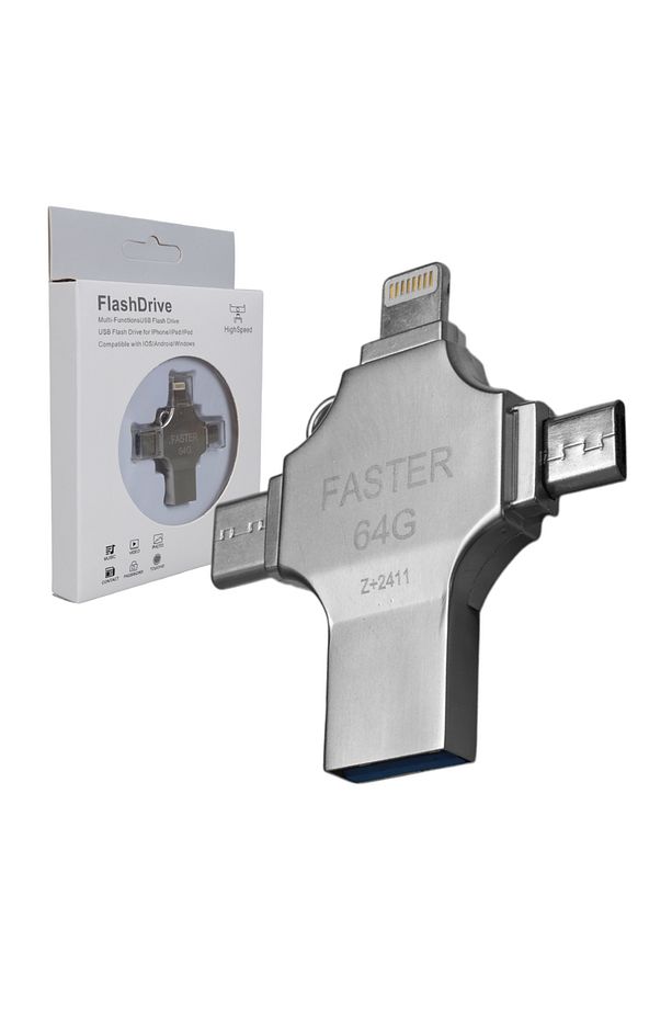 64 GB Flash Bellek Metal 4in1  USB -Type-C-Micro USB - Lightning Uyumlu(IOS-Android Uyumlu) - 4