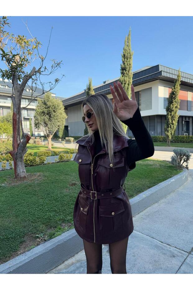 Gold Aksesuarlı Premium Deri Yelek - 2