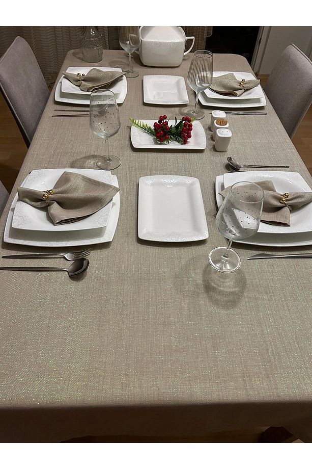 Polyester Keten Simli Linen Masa Örtüsü Taş Rengi + 6 Peçete - 5