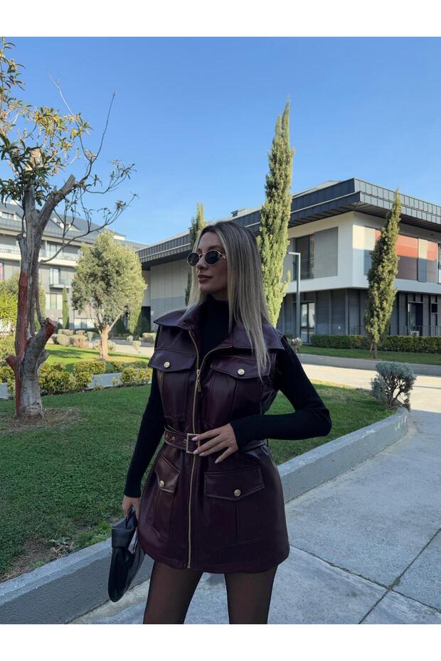 Gold Aksesuarlı Premium Deri Yelek - 1