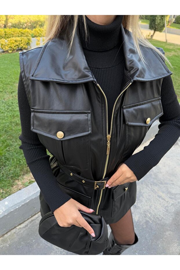 Gold Aksesuarlı Premium Deri Yelek - 2