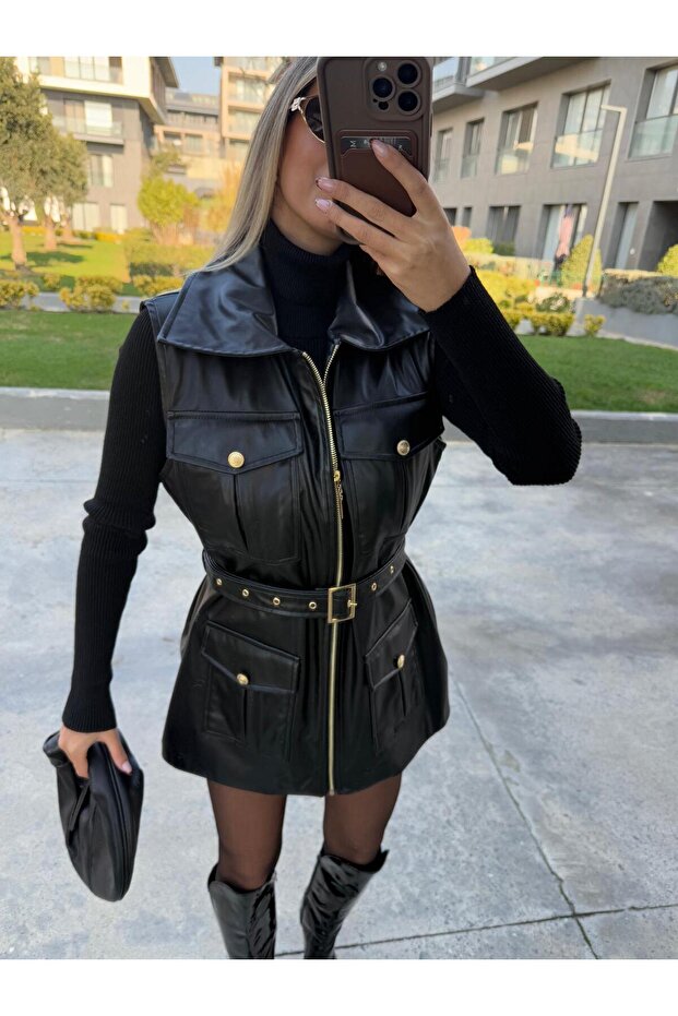 Gold Aksesuarlı Premium Deri Yelek - 3