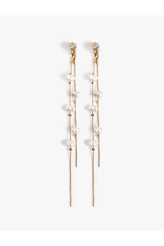 Pearl Earrings with Dangle 2 Rows Chain Detail