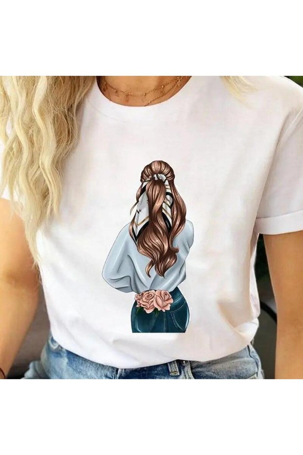 Women's Printed Detail Oversize Bol Cut T-Shirt with Cycling Neck