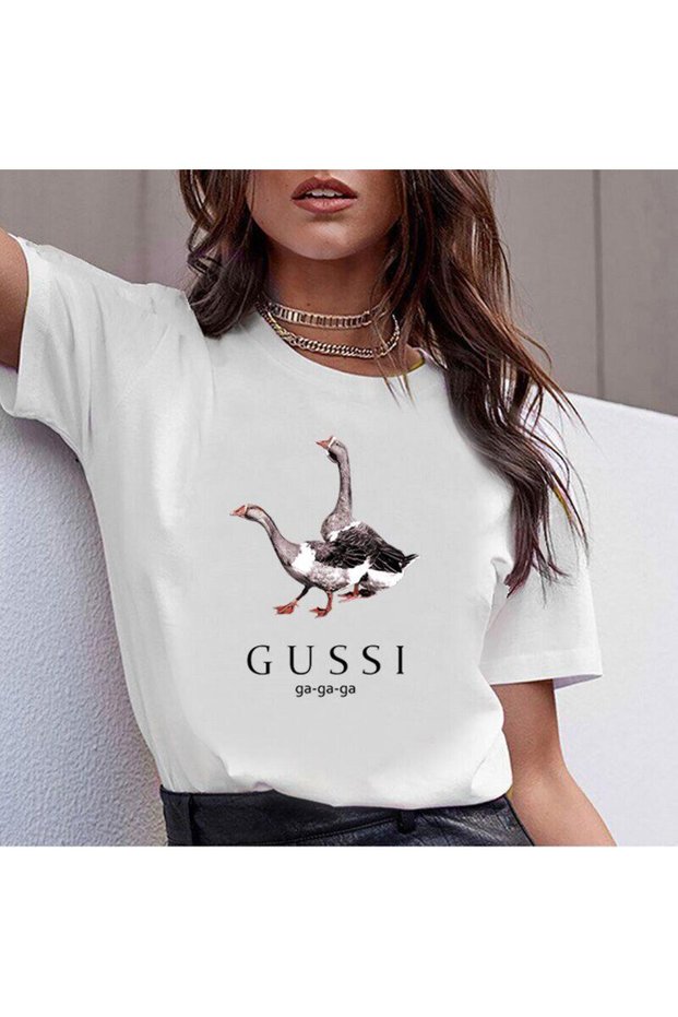 Women's Printed Detail Oversize Bol Cut T-Shirt with Cycling Neck