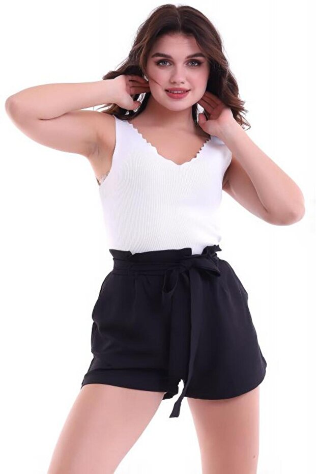 Kuşaklı Cepli Mini Şort Siyah Mdnss50 - 2