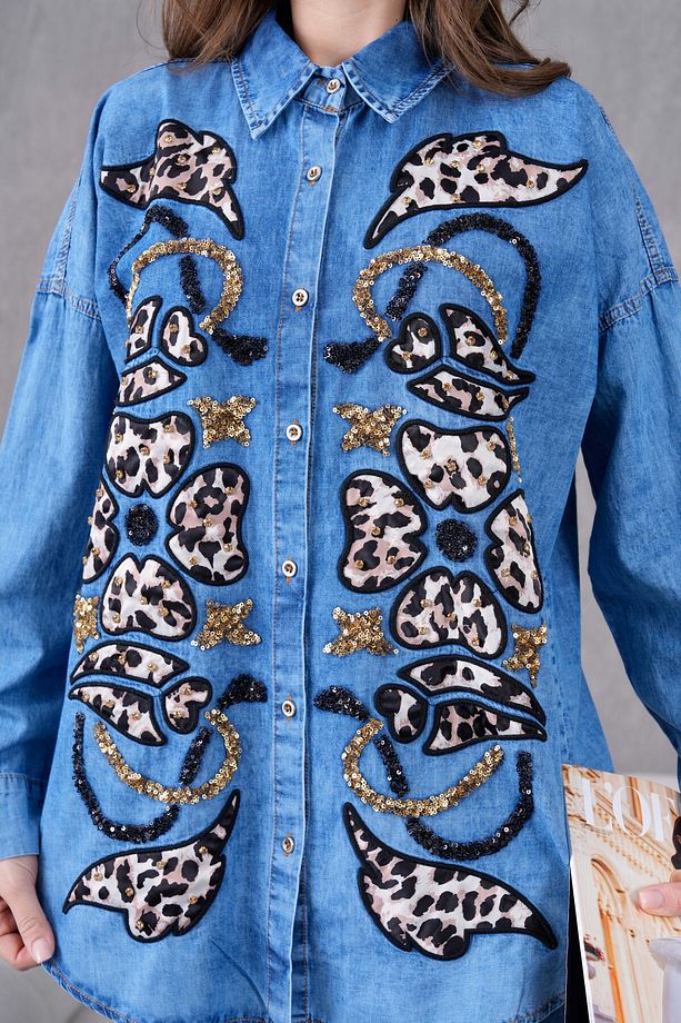 Kadın Önü Pul Payet Nakışlı Leopar Desenli Kot Gömlek Ve Kot Pantolon Alt Üst Takım - 5
