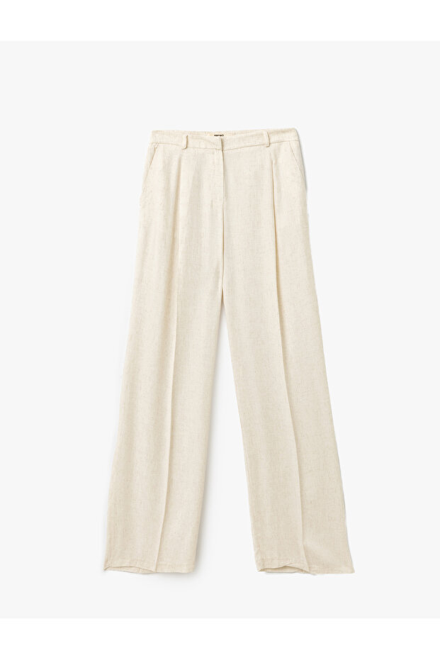 Women's Viscose Linen Blended Wide Leg Pleated Pants with Pockets