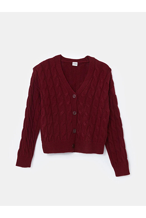 LCW Kids Mürdüm V Yaka Saç Örgüsü Desenli Kız Çocuk Triko Hırka - 1