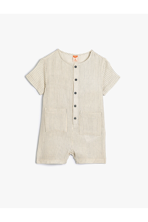 Jumpsuit Crew Neck Short Sleeve Cotton Button Detailed