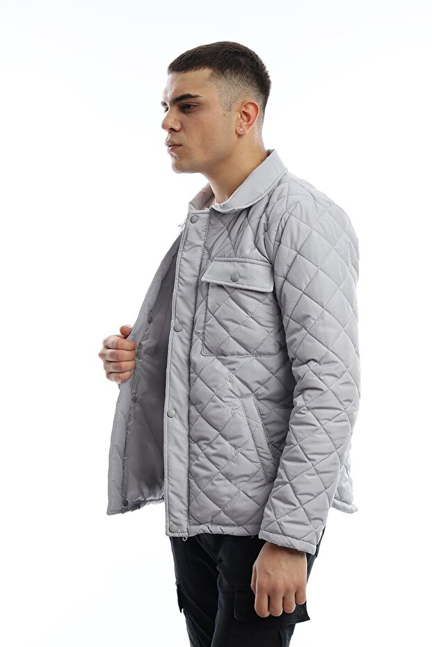 Gray Men's Quilted Jacket - Diamond Patterned Coat - 4