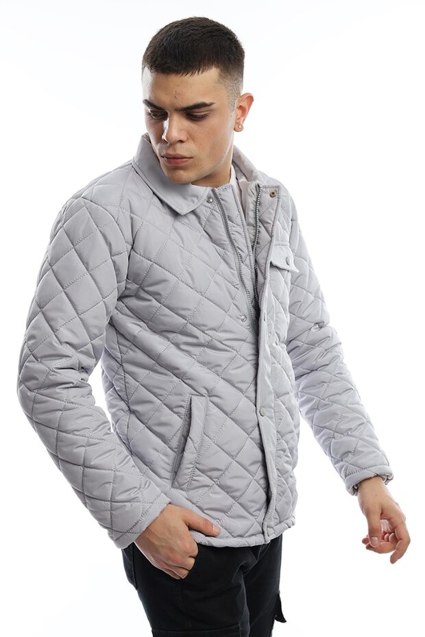 Gray Men's Quilted Jacket - Diamond Patterned Coat - 2