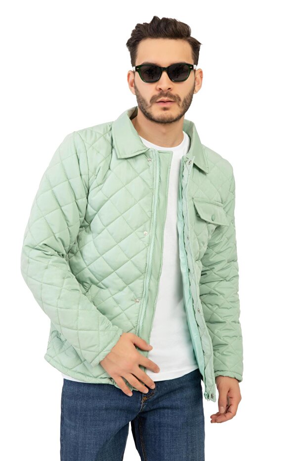 سترة رجالية طويلة أساسية شتوية سميكة بنمط الماس باللون الأخضر - 2