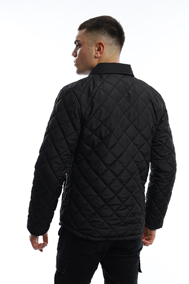 Men's Winter Diamond Patterned Long Basic Black Coat - 5