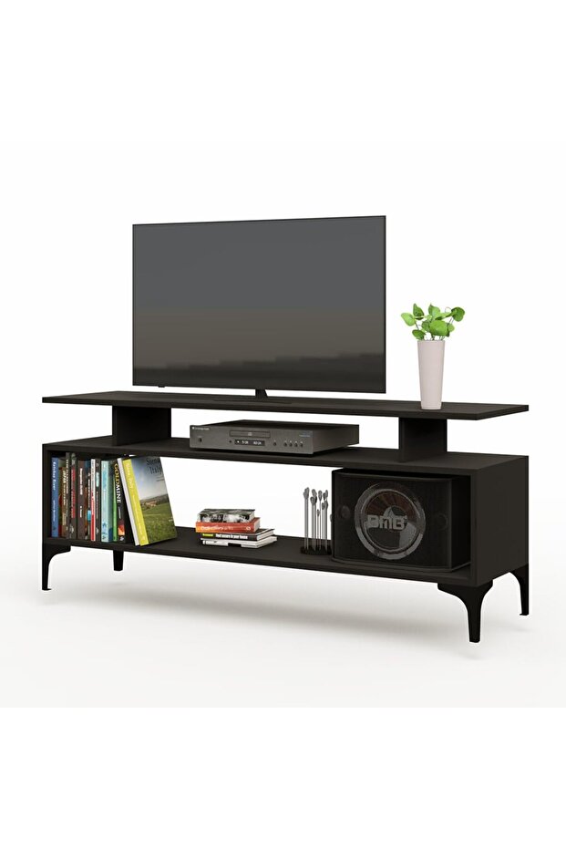 Modern TV Stand, Support Upto 50-Inch TV Media Console with 2 Storage Shelfs-Black