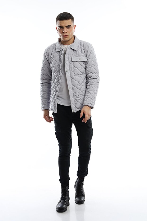 Gray Men's Quilted Jacket - Diamond Patterned Coat - 5