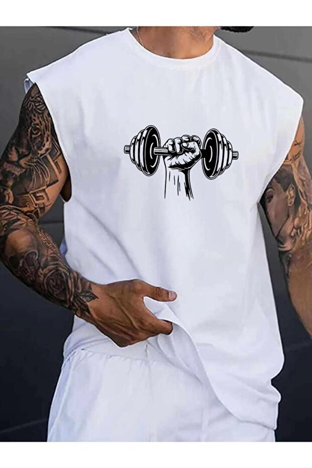 Men's White Gym Power Printed Athlete