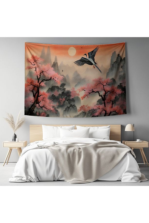 Japon Tarzı Sakura Doğa Manzara Desenli Duvar Örtüsü Duvar Halısı Tapestry - 4