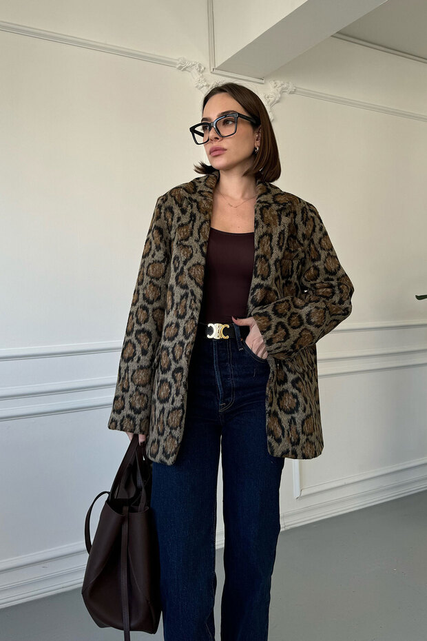 Double Breasted Stamp Leopard Jacket - Black - 7