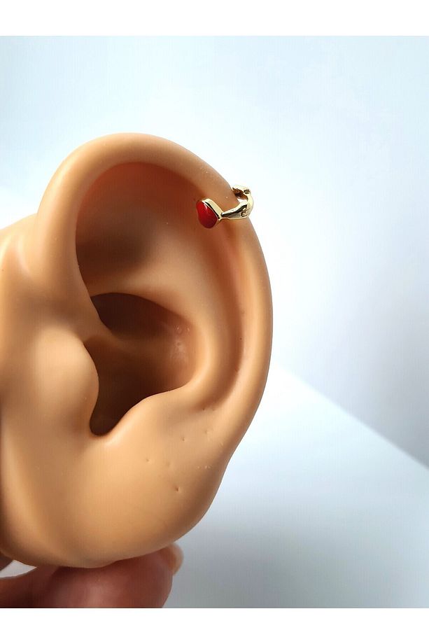 Aşk Kalp Kırmızı Gold Renk Çelik Tragus Helıx Lobe Piercing Tek Adet - 2