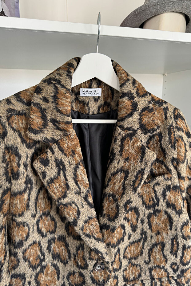 Double Breasted Stamp Leopard Jacket - Black - 6