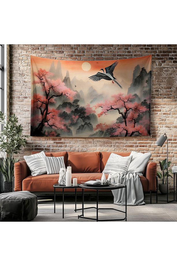 Japon Tarzı Sakura Doğa Manzara Desenli Duvar Örtüsü Duvar Halısı Tapestry - 5