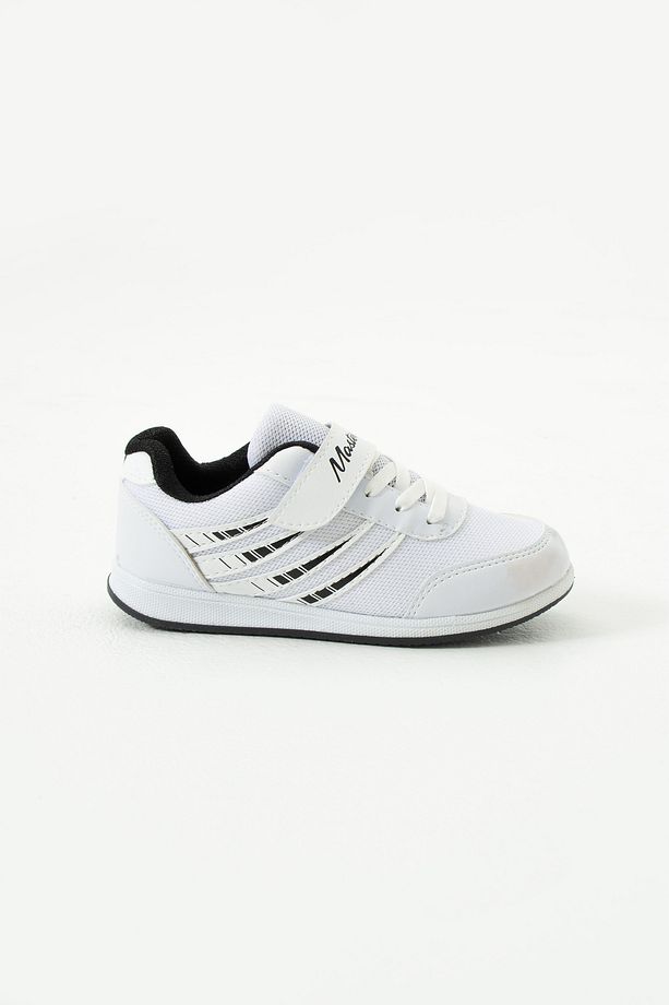 Çocuk Beyaz Siyah Bağcıklı Tek Cırtlı Esnek Hafif Nefes Alabilen Unisex Fileli Sneaker Spor Ayakkabı - 4