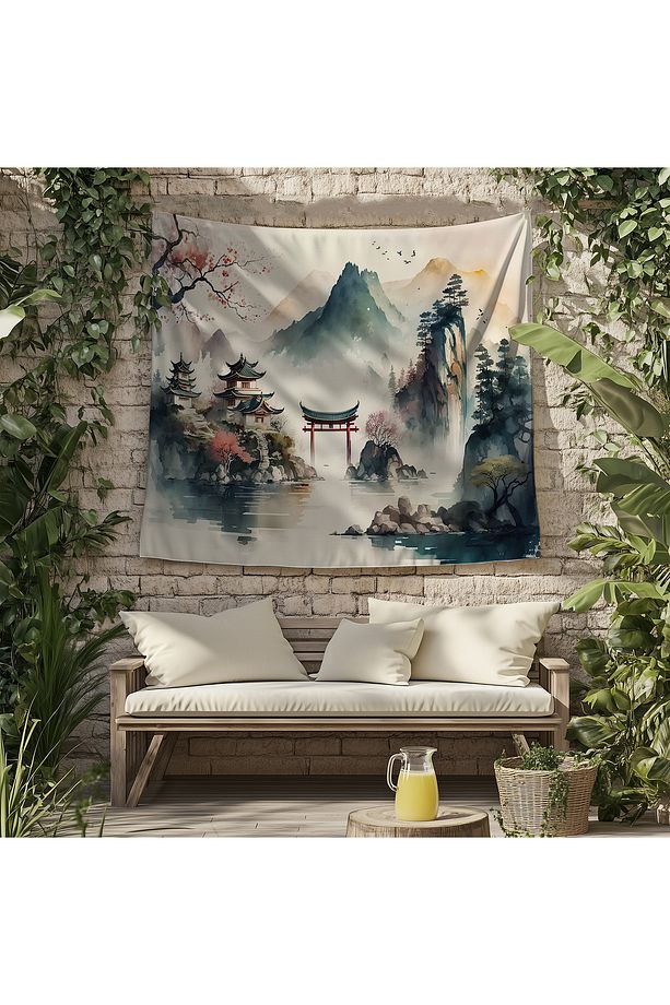 Retro Japon Evleri Desenli Duvar Örtüsü Duvar Halısı Tapestry - 7