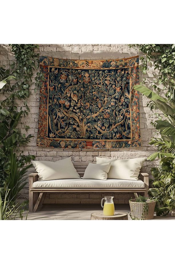 Vintage Fransız Retro Yaşam Ağacı Desenli Duvar Örtüsü Duvar Halısı Tapestry - 7