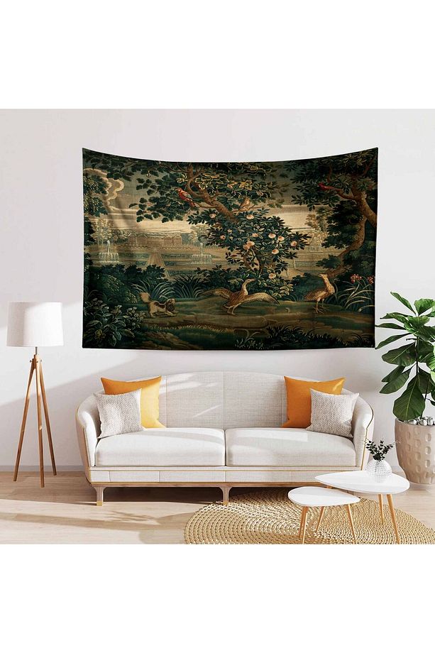 Vintage Fransız Retro Yeşil Orman Desenli Duvar Örtüsü Duvar Halısı Tapestry - 1