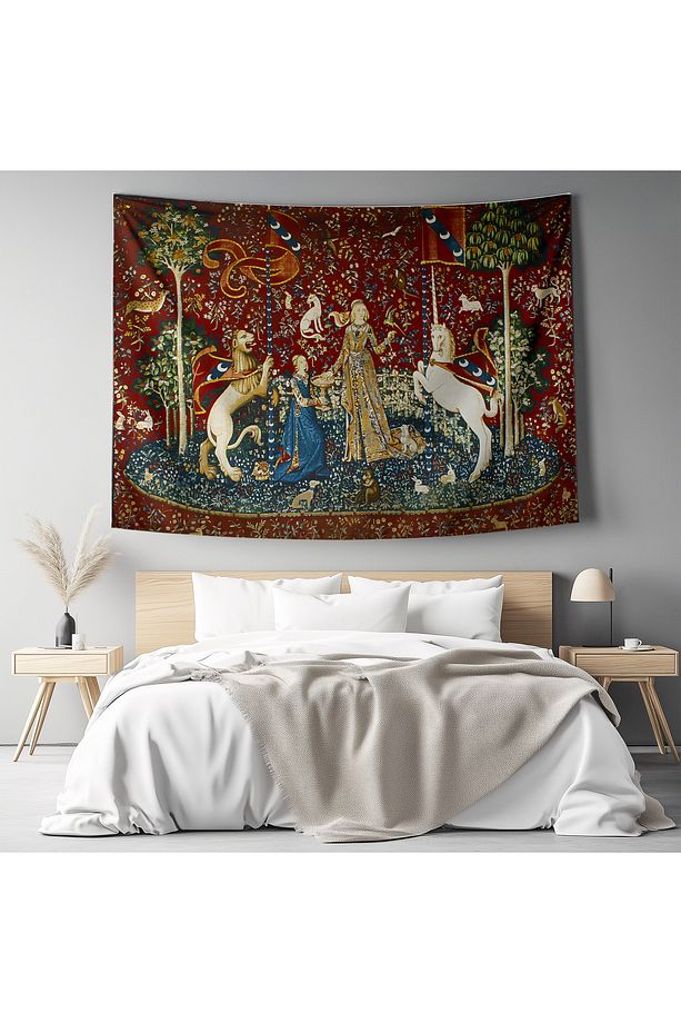 Ortaçağ Unicorn Kadın Vintage Desenli Duvar Örtüsü Duvar Halısı Tapestry - 6