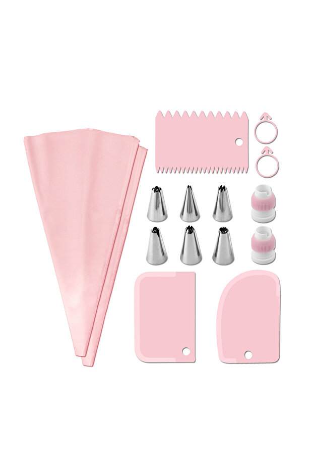 pink 15pcs Set(15PCS) Stainless Steel Decorative Nozzle Set Plastic Scraper Flower Bag Cream Spatula