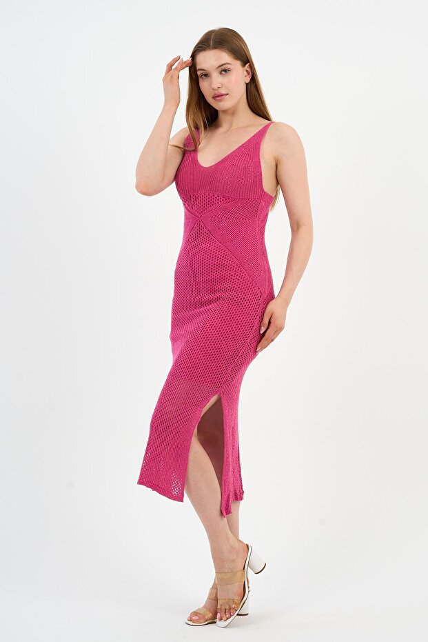 Askılı V Yaka Ajurlu Yırtmaçlı Uzun Triko Elbise (A92533-S) - 6