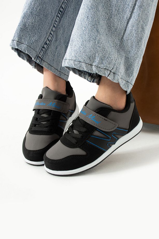 Çocuk Siyah Sax Mavi Bağcıklı Tek Cırtlı Esnek Hafif Suni Deri Unisex Sneaker M Serisi Spor Ayakkabı - 1
