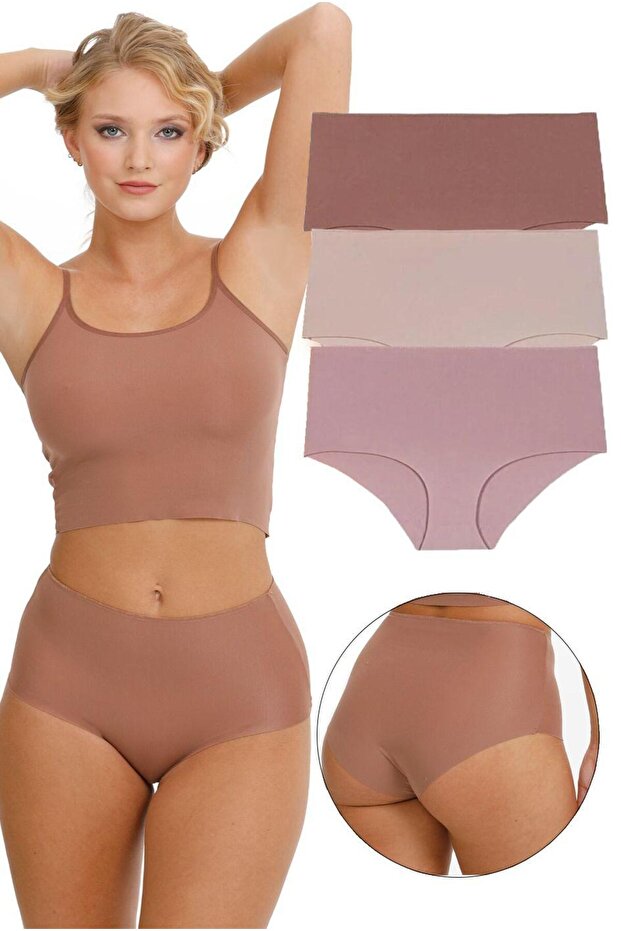 Women's High Waist Laser Cut 3-Piece Panties Set Kts2011 Brown