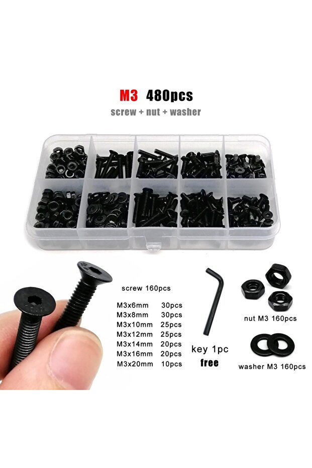M3 480pcs M2 M2.5 M3 M4 M5 M6 M8 Black Grade 10.9 Steel Allen Hexagon Hex Socket Flat Countersunk He