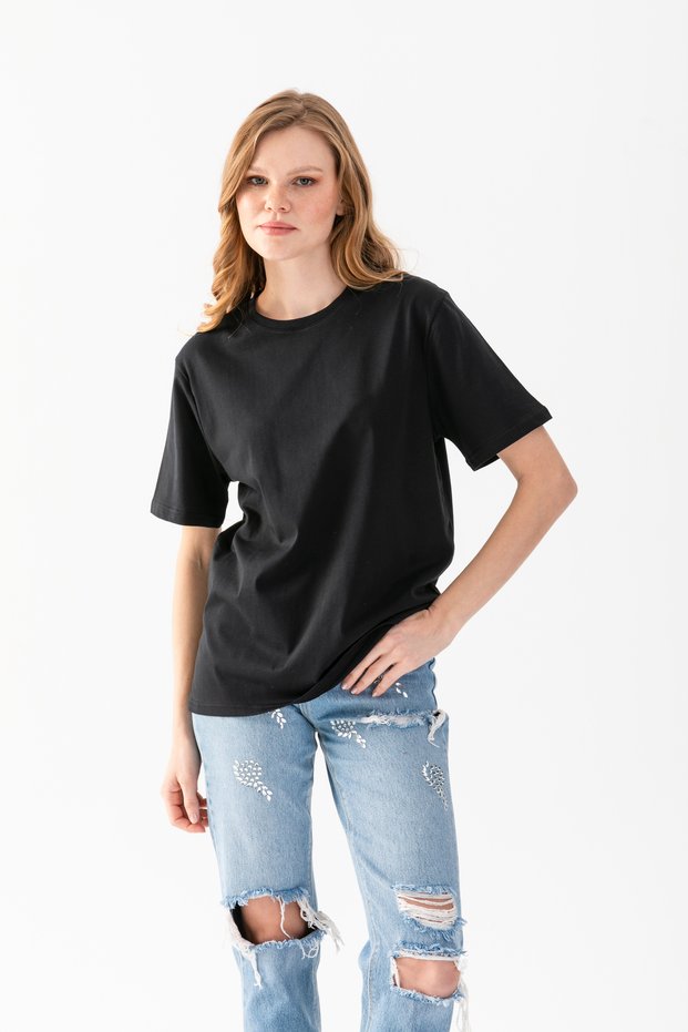 T-Shirt, Short-Sleeved Oversized T-Shirt, Cotton Black Crew Neck Oversized T-Shirt, Women's T-Shirt.