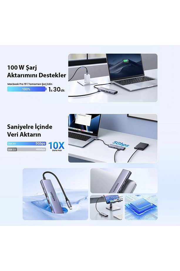 5-in-1 USB-C 100W PD 4K HDMI Hub Çoklayıcı, Gri - 15596 - 4