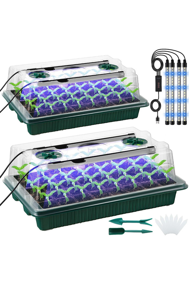 green 2 Packs, Seed Starter Trays With High Dome Germination Kit - 80 Cells, 4 LED Grow Lights, Smar