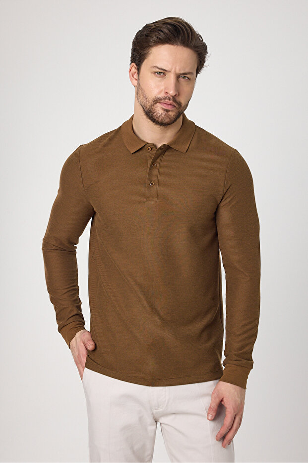 Men's Mustard 100% Cotton Waffle-Free Stretching Fabric Slim Fit Long Sleeve Polo T-Shirt