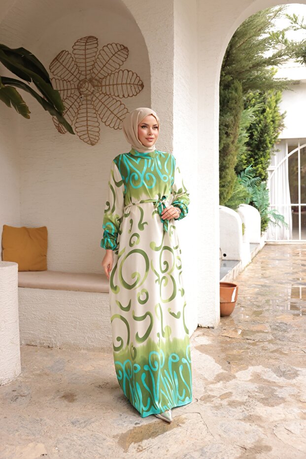 Women's Hijab Patterned Belted Long Viscose Dress