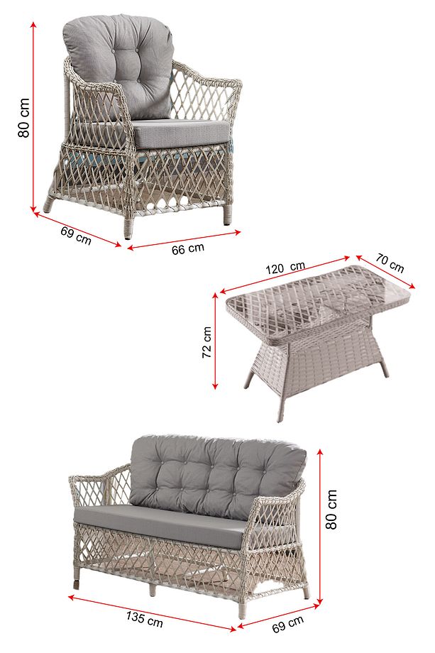 Icon Rattan Bahçe Balkon Oturma Takımı 2+1+1+Camlı Masa Gri - 8
