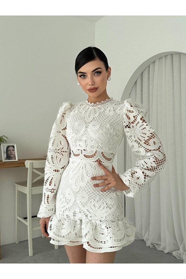 Tasarım Dantel Güpür Mini Elbise - 8