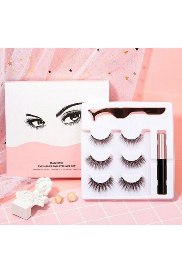 6 ADET Takma kirpik seti 3 farklı Çift - Mıknatıslı Likit Eyeliner Yapıştırıcı - 1